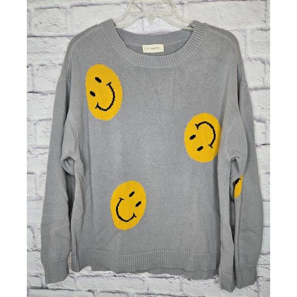 By Together women's smiley face gray yellow pullover crew cotton sweater small - Picture 3 of 7